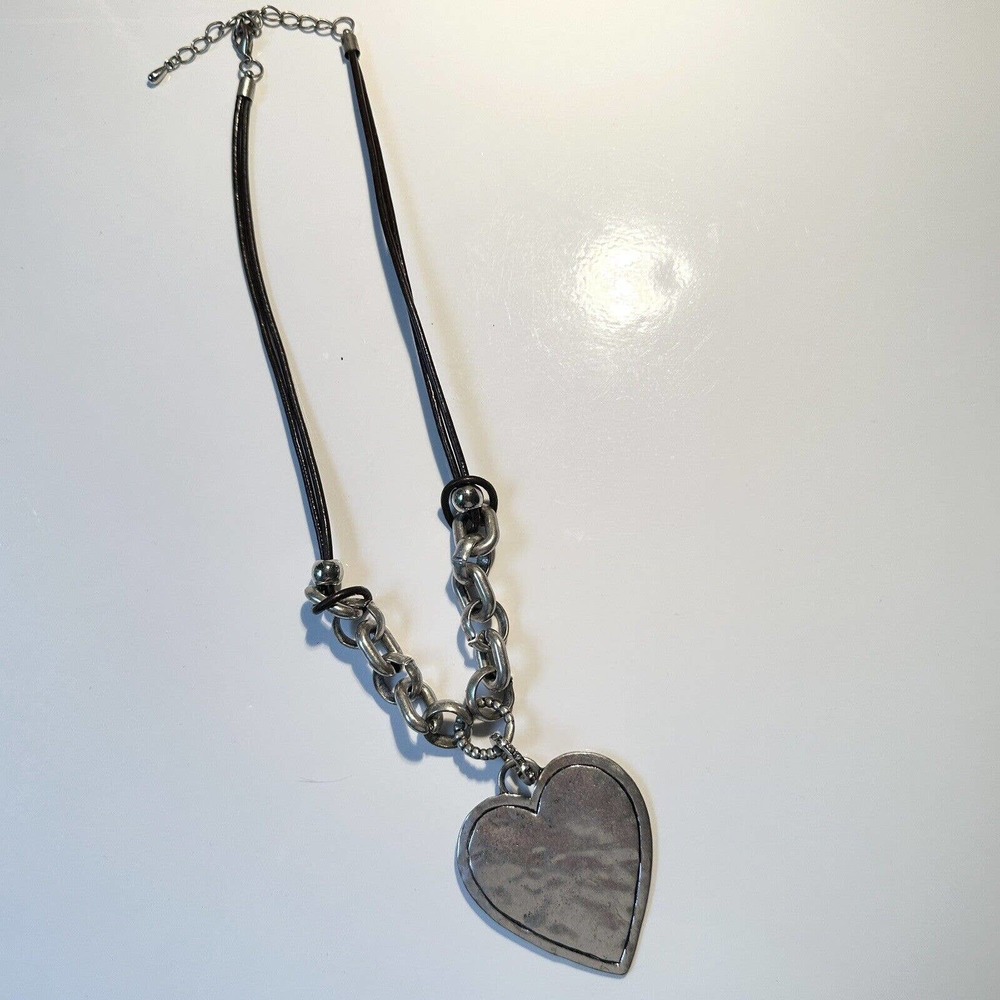 Large Heart Pendant Leather Cord Necklace Hammered Silver Link Vintage Style